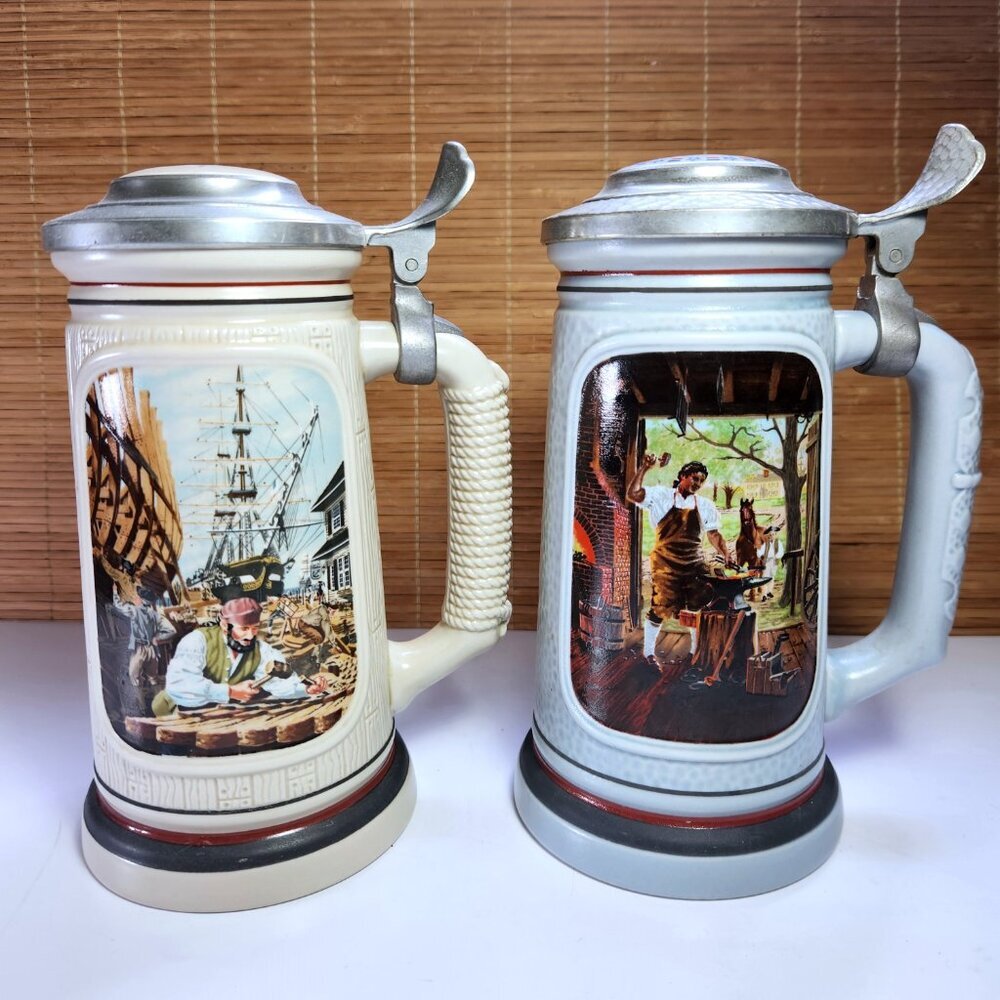 Avon Heritage Stein Pair – Blacksmith + Shipbuilder – Vintage Lidded Steins